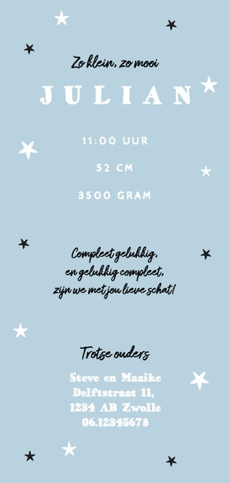 Geboortekaartje lief jongen met beertje en sterren Achterkant