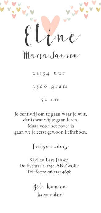 Geboortekaartje lief met hartjes en eigen foto Achterkant