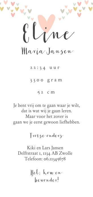 Geboortekaartje lief met hartjes en eigen foto Achterkant