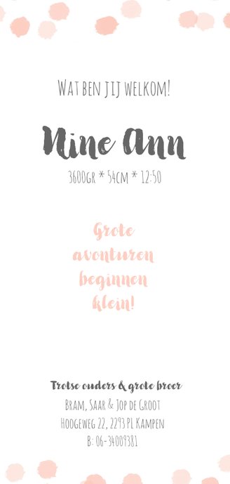 Geboortekaartje lief met stipjes voor een meisje Achterkant