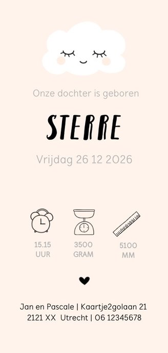 Geboortekaartje lief wolkje peach Achterkant