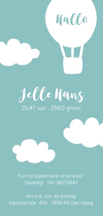 Geboortekaartje luchtballon wolken illustratie Achterkant