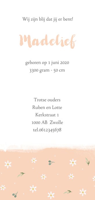 Geboortekaartje madelief met foto Achterkant