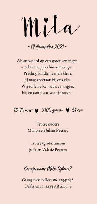 Geboortekaartje meisje hip en trendy met stipjes en hartjes Achterkant