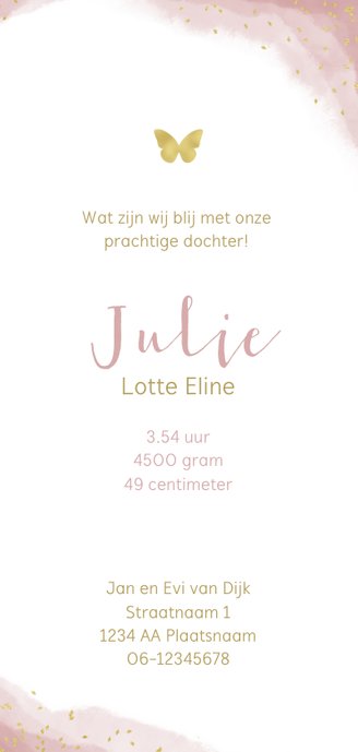 Geboortekaartje meisje met gieter en zonnenbloem Achterkant