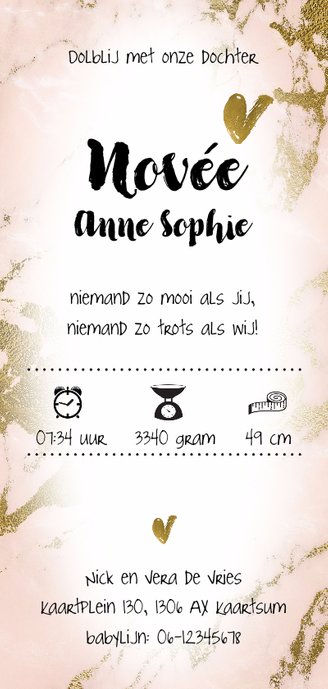 Geboortekaartje meisje met marmer hip Achterkant