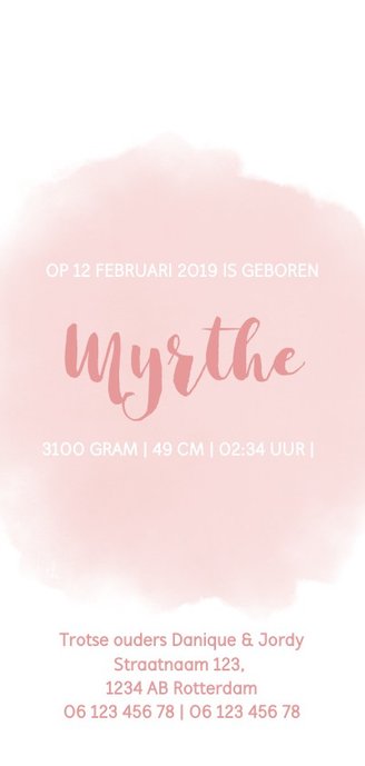 Geboortekaartje meisje met olifantje, waterverf en hartjes 3