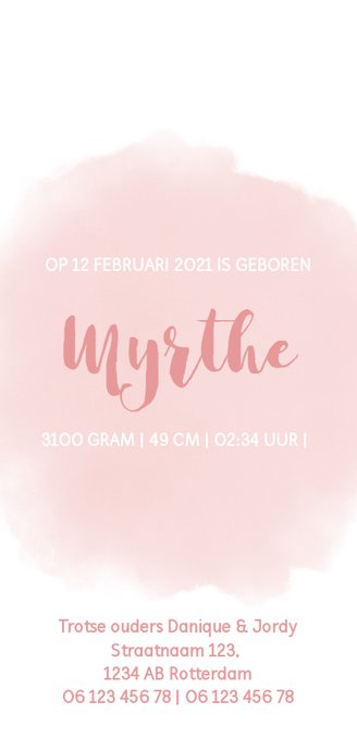 Geboortekaartje meisje met olifantje, waterverf en hartjes 3