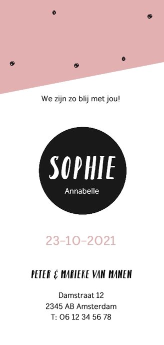 Geboortekaartje meisje met zwarte stippen en schuin vlak Achterkant