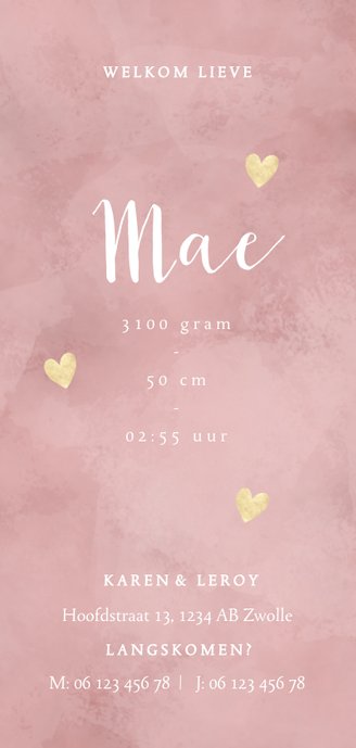 Geboortekaartje meisje roze waterverf en dwarrelende hartjes Achterkant