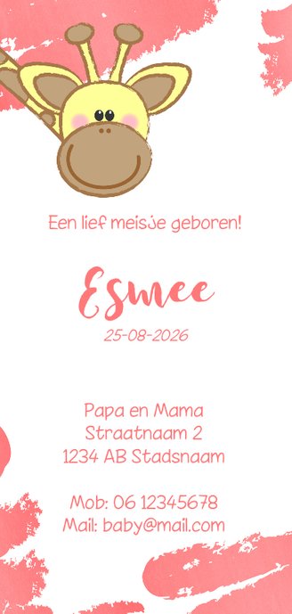 Geboortekaartje met een lief girafje met naambordje Achterkant