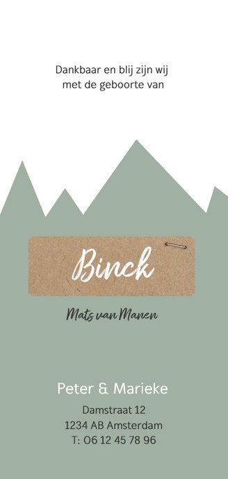 Geboortekaartje met groene bergen en kraft label Achterkant