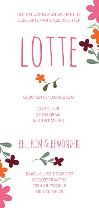 Geboortekaartje met handgeschilderde bloemen langwerpig Achterkant