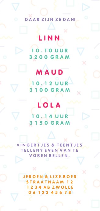 Geboortekaartje met hip Memphis patroon en foto's kleur Achterkant