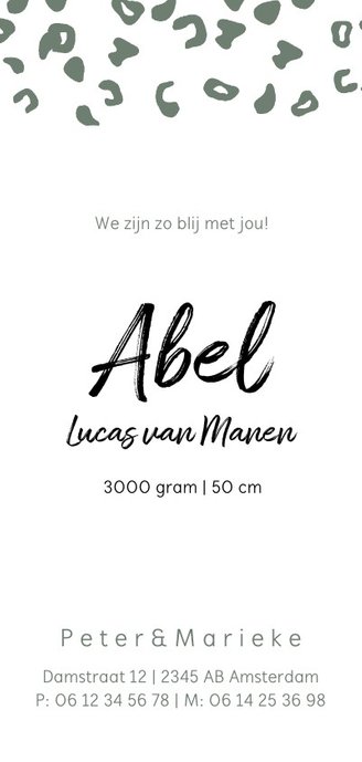 Geboortekaartje met legergroene panterprint Achterkant