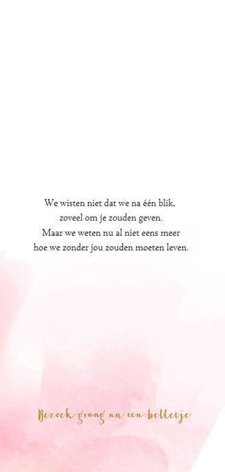 Geboortekaartje met roze waterverf en goud hartje 2