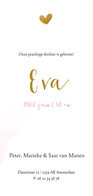 Geboortekaartje met roze waterverf en goud hartje 3