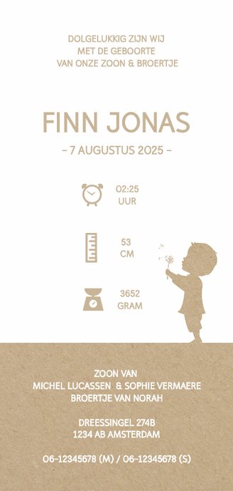 Geboortekaartje met silhouet jongen en paardenbloempluisjes Achterkant