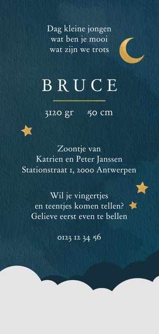 Geboortekaartje met sterren en maan Achterkant