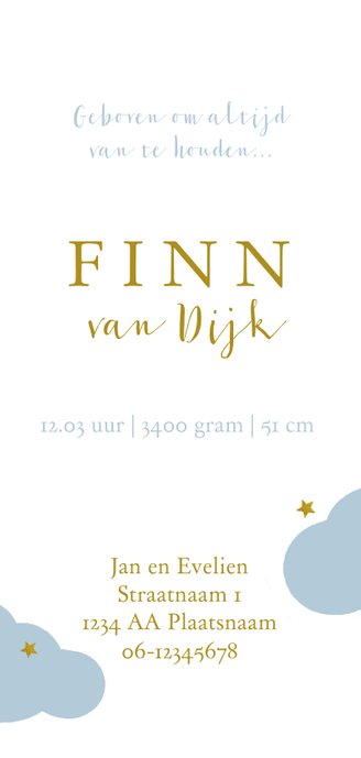 Geboortekaartje met wolkjes, sterren en gouden maan Achterkant
