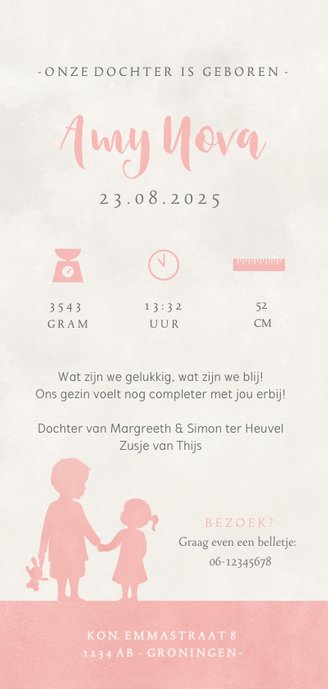 Geboortekaartje roze silhouet broer en zusje in volle maan Achterkant