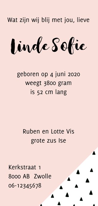 Geboortekaartje schuine lijn, aanpasbare kleur Achterkant