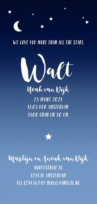 Geboortekaartje sterren maan donkerblauw Achterkant
