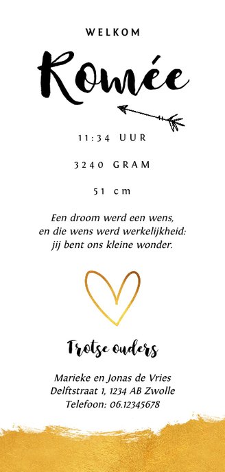 Geboortekaartje stijlvol met goudlook verf en hartje Achterkant