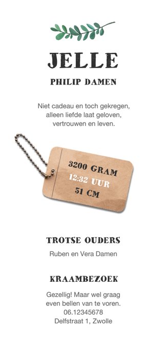 Geboortekaartje stoer met hout, label en blaadje Achterkant