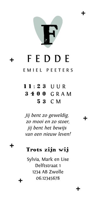 Geboortekaartje stoer met kruisjes en hartje Achterkant