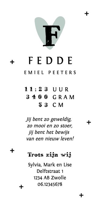 Geboortekaartje stoer met kruisjes en hartje Achterkant