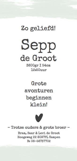 Geboortekaartje stoer met verf achtergrond. Achterkant