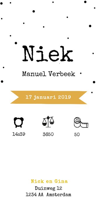 Geboortekaartje stoer, okergeel en unisex Achterkant