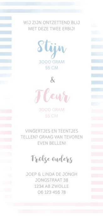 Geboortekaartje tweeling met strepen in roze/blauw Achterkant