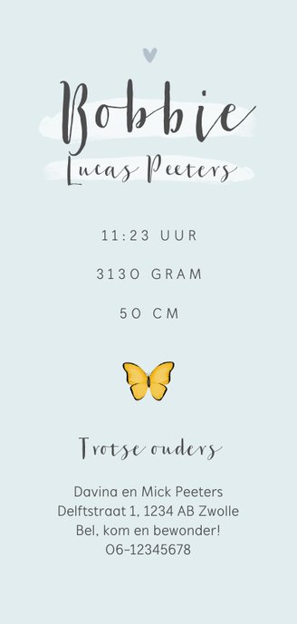 Geboortekaartje unisex bloemen lief hartjes bloemen vlinder Achterkant