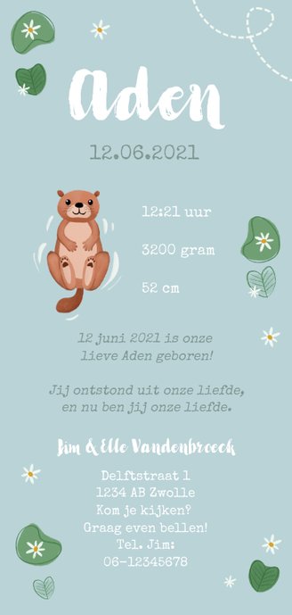 Geboortekaartje unisex met schattige geillustreerde dieren Achterkant