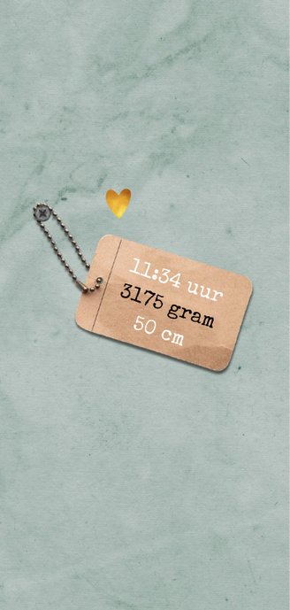 Geboortekaartje unisex stoer met label en gouden hartje 2