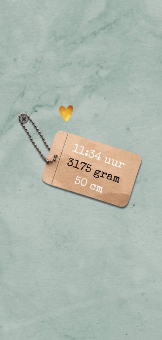 Geboortekaartje unisex stoer met label en gouden hartje 2