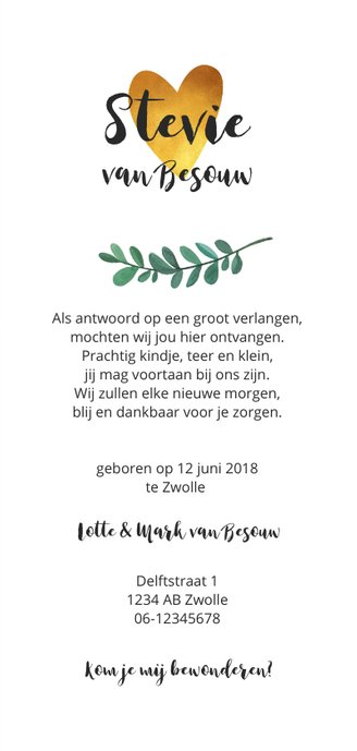 Geboortekaartje unisex stoer met label en gouden hartje 3
