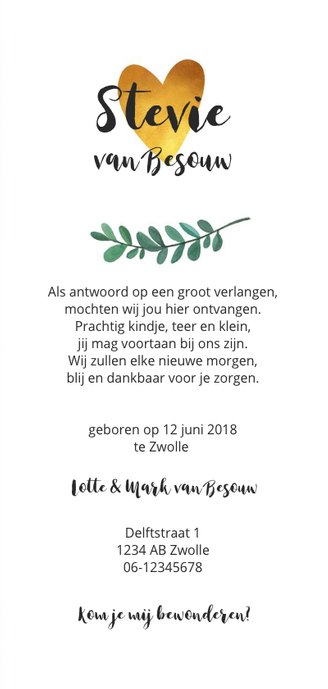 Geboortekaartje unisex stoer met label en gouden hartje 3