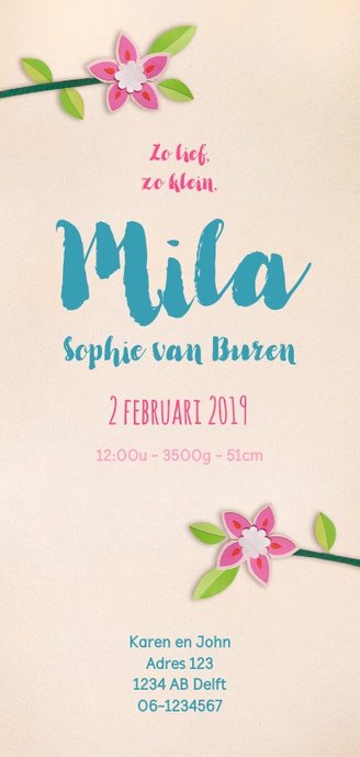 Geboortekaartje vogeltje en bloemen Achterkant