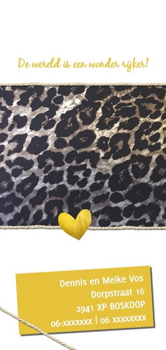 Geboortekaartje voor een meisje met dierenprint en goud 2
