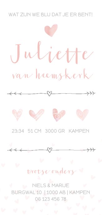 Geboortekaartje voor een meisje met hartjes Achterkant
