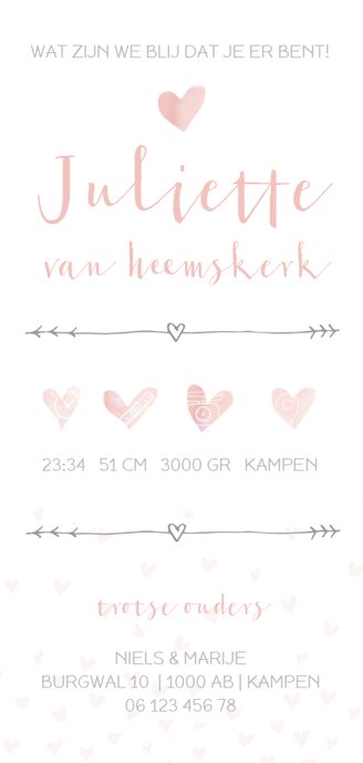 Geboortekaartje voor een meisje met hartjes Achterkant