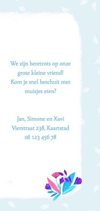 Geboortekaartje vos met bloemen blauw 3