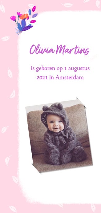 Geboortekaartje vos met bloemen roze 2