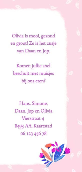 Geboortekaartje vos met bloemen roze 3