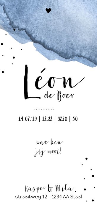 Geboortekaartje | Waterverf jeanblauw en klassiek Achterkant