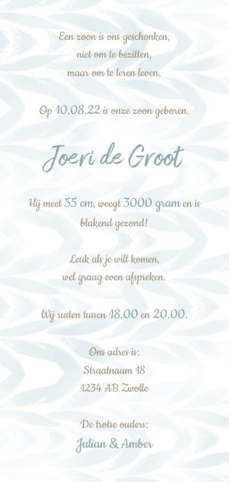 Geboortekaartje waterverf met label voor jongen Achterkant