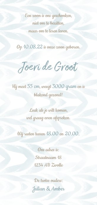 Geboortekaartje waterverf met label voor jongen Achterkant